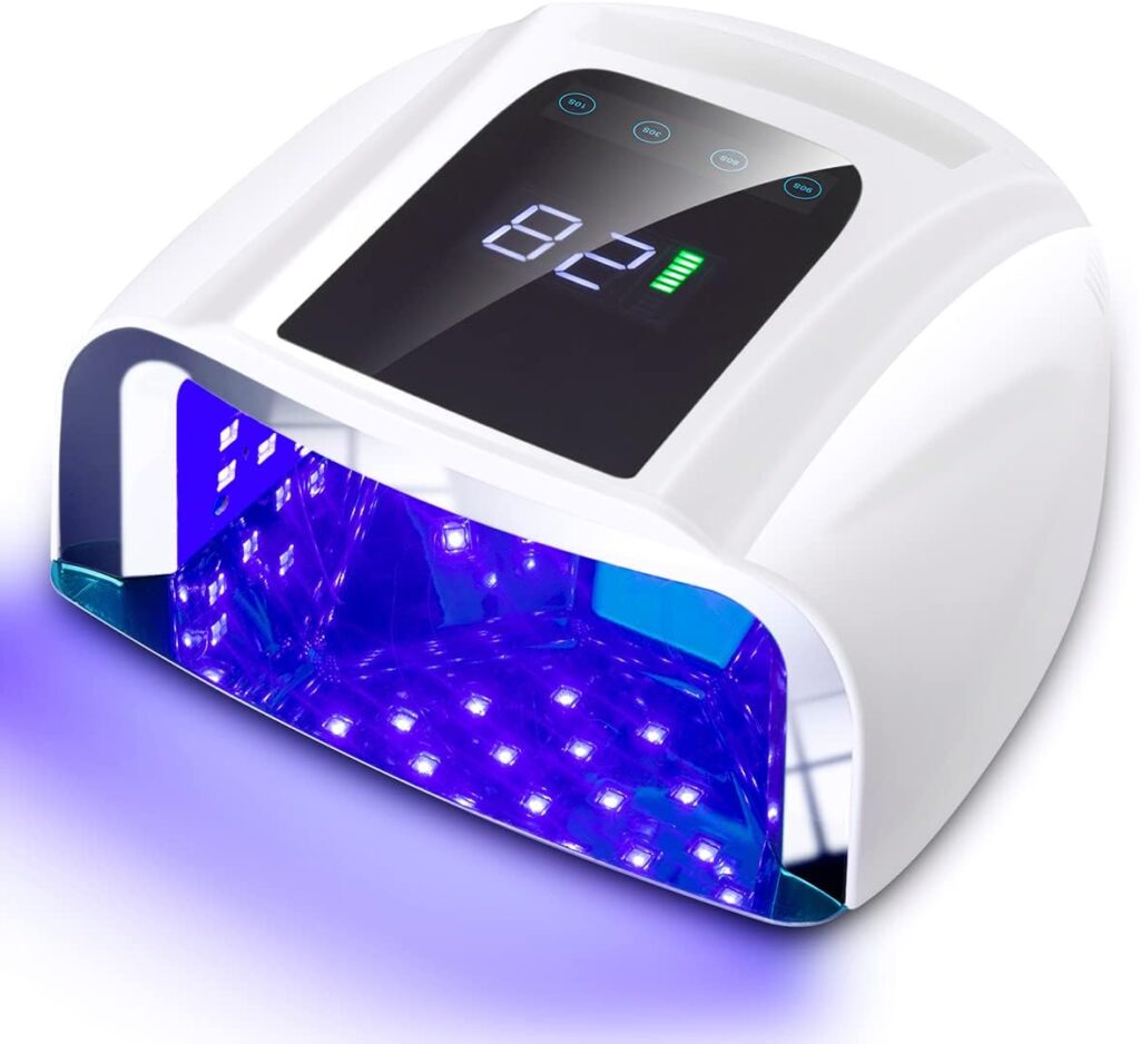 SUNYDOO 96W Rechargeable UV LED Nail lamp,Cordless Nail Dryer with Removable Stainless Steel Bottom,Professional Curing Lamp for Fingernail and Toenail, Auto Sensor  Quick Dry Nail Machine (White)